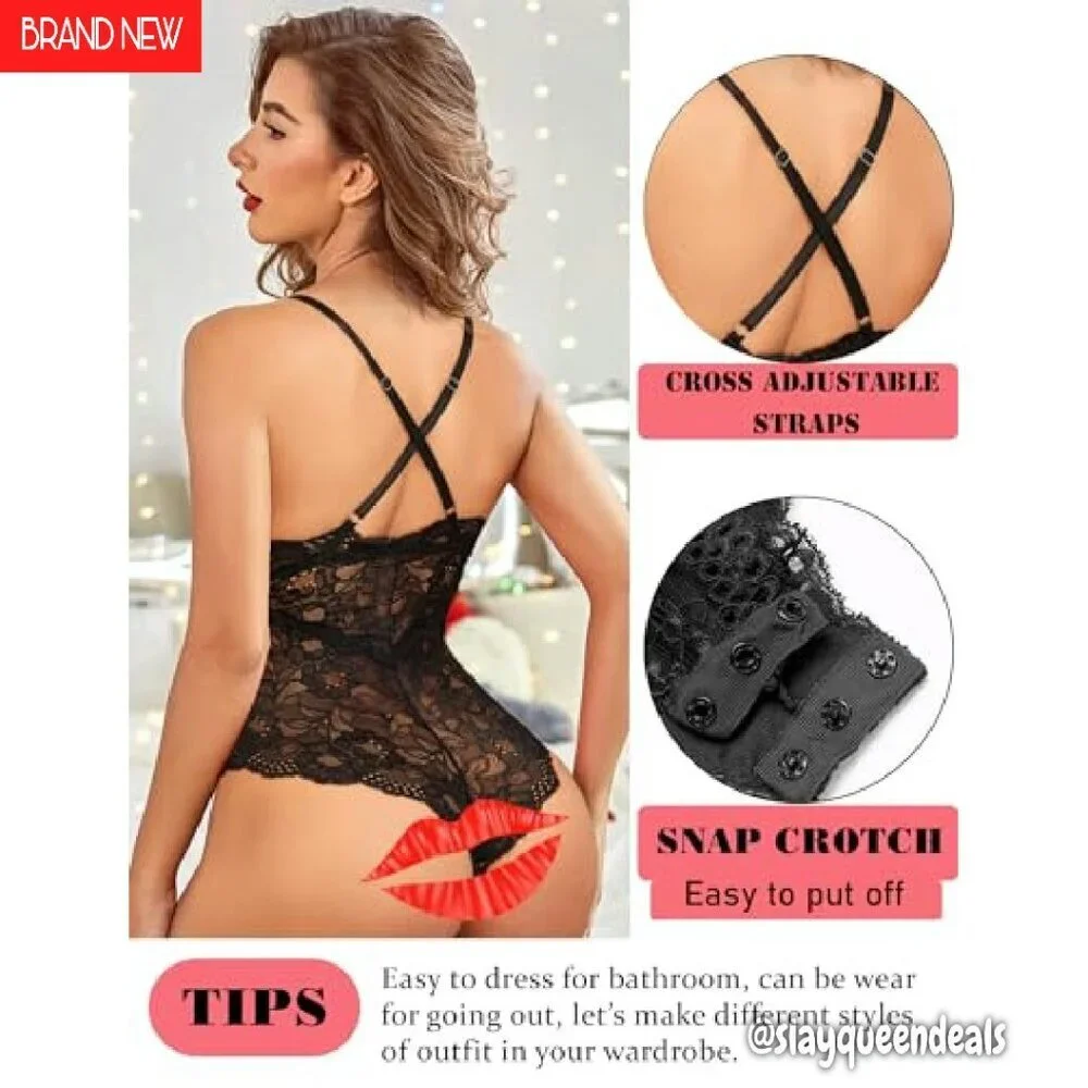 Snap Crotch Lace Bodysuit Deep V Teddy One Piece Lingerie